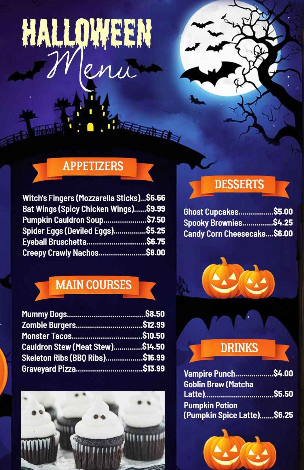 Creepy Appetizers and Spooky Main Courses Halloween Menu Template