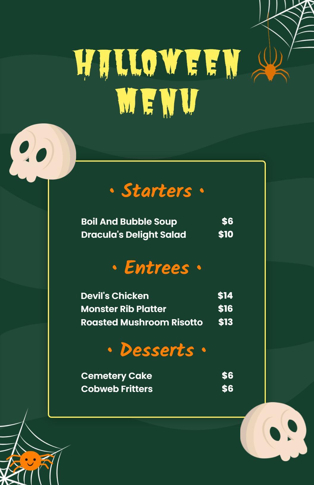 Creepy Skull and Spider Halloween Green Themed Menu Template