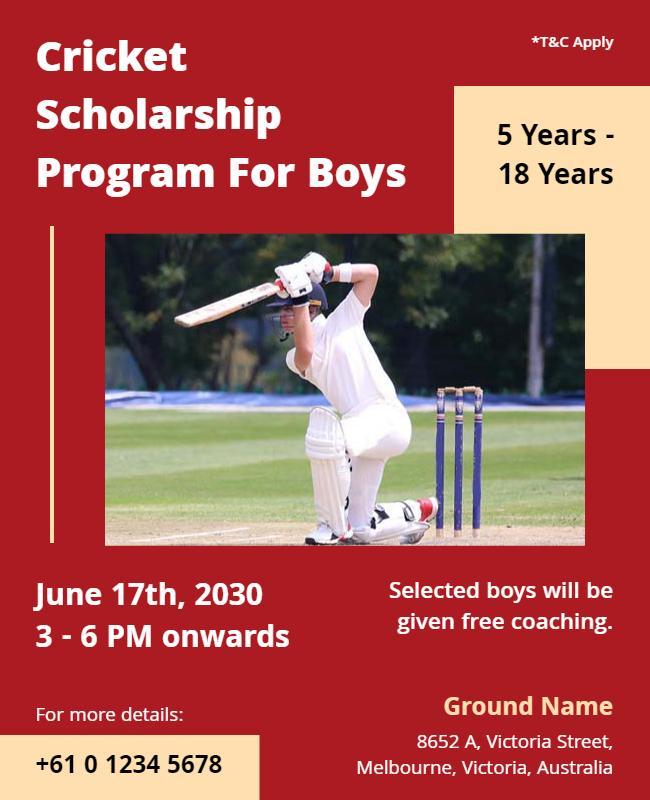 Cricket Scholarship Program Flyer for Young Boys Template