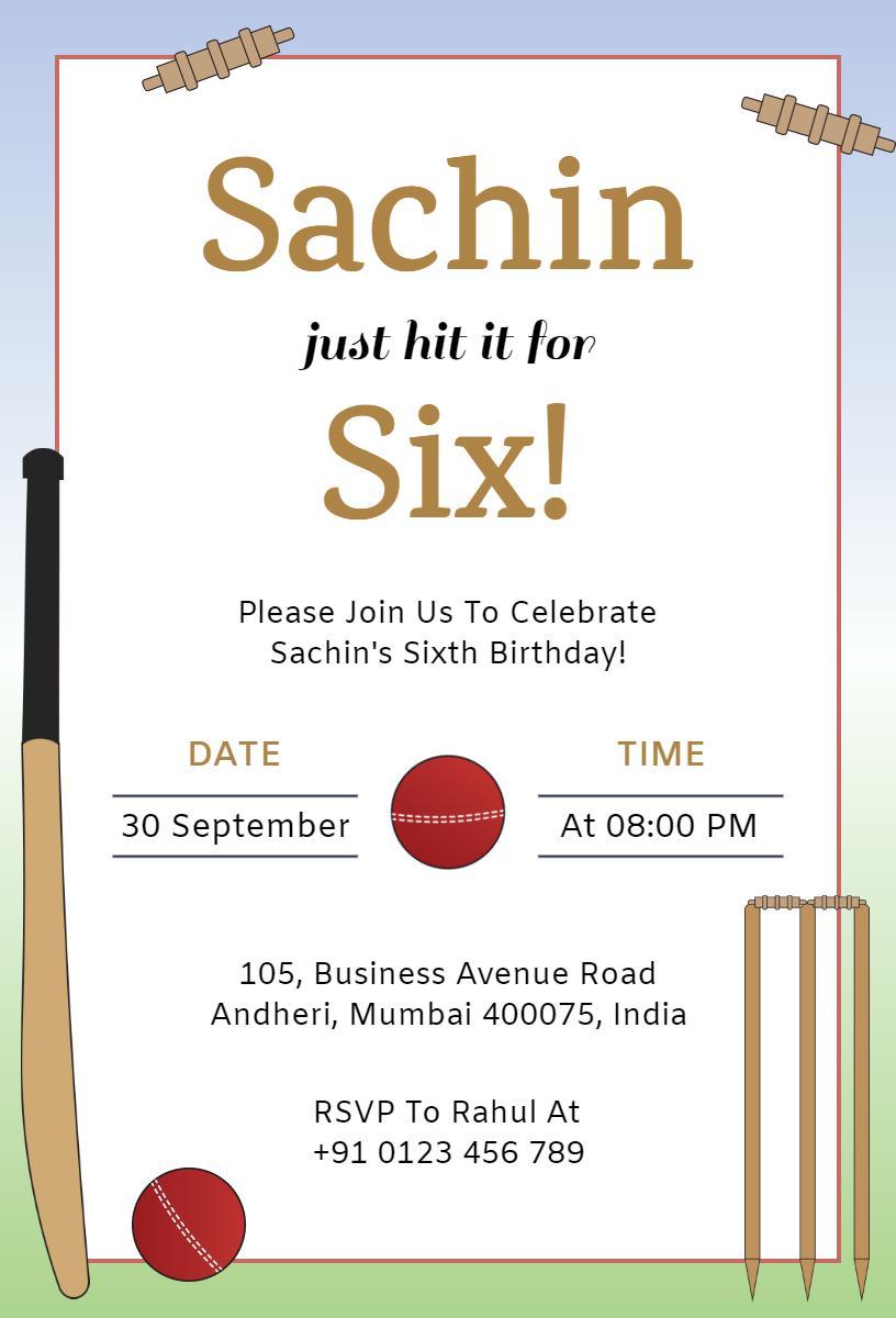 Cricket-Themed Six Year Birthday Celebration Invitation Template