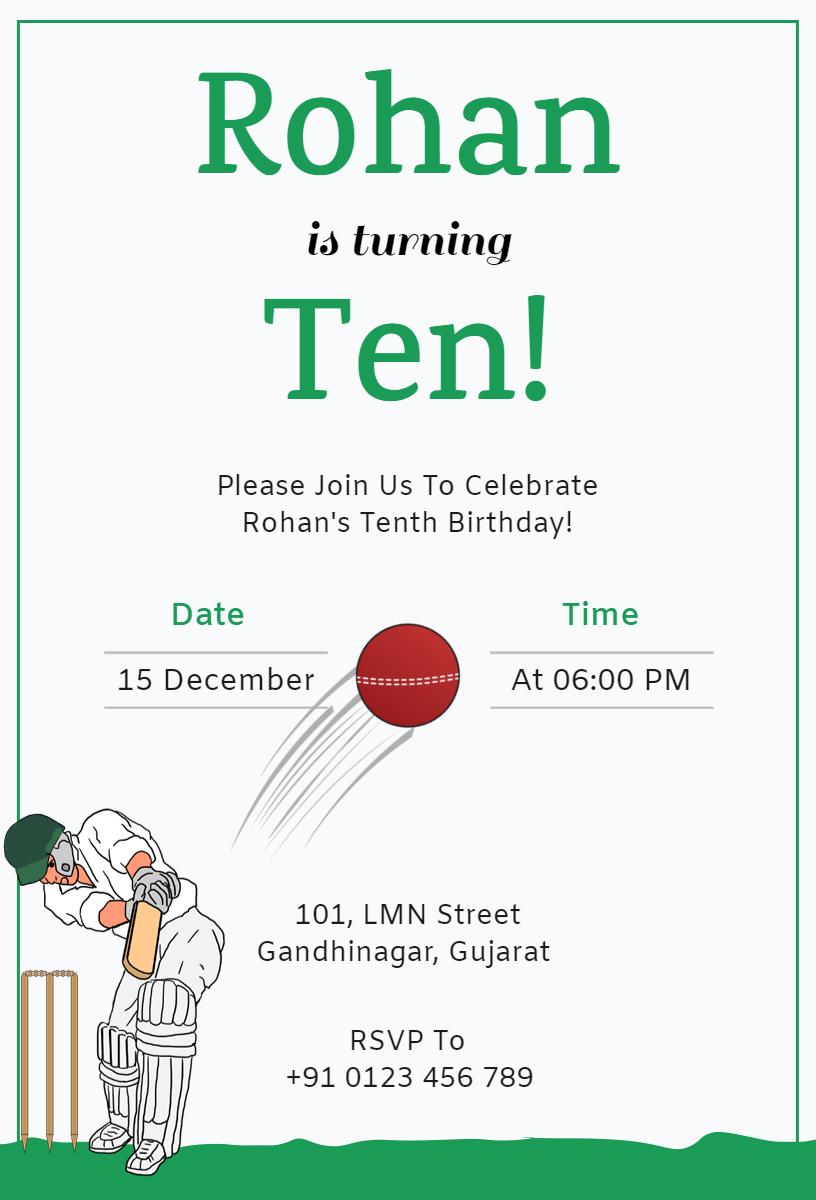 Cricket-Themed Tenth Birthday Celebration Invitation Template