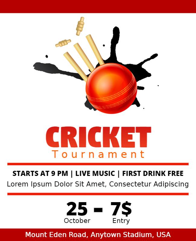 Vibrant Red Cricket Tournament Live Music Flyer Template