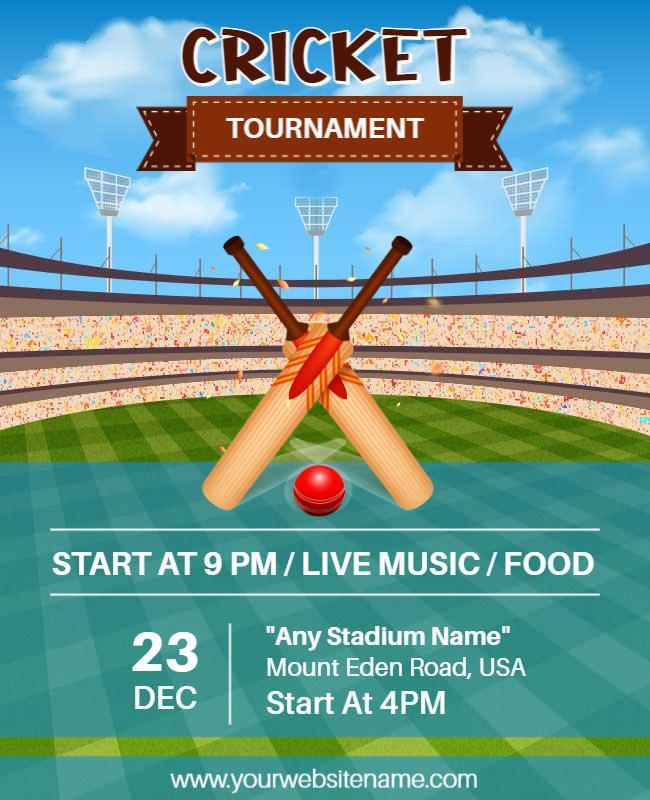 Sporty Cricket Tournament With Live Music and Food Flyer Template