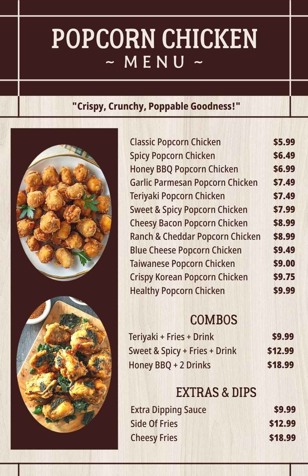 Crispy and Flavorful Popcorn Chicken Selections Chicken Menu Template