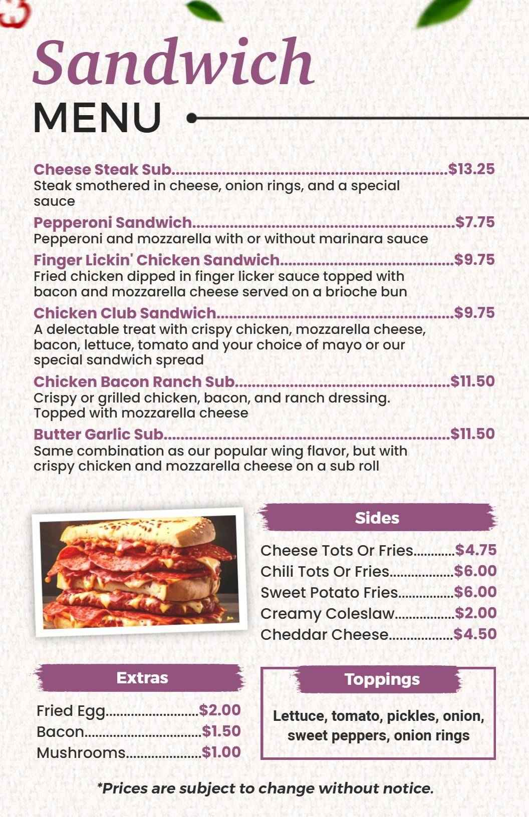 Crispy Chicken and Pepperoni with Cheese Sandwich Menu Template