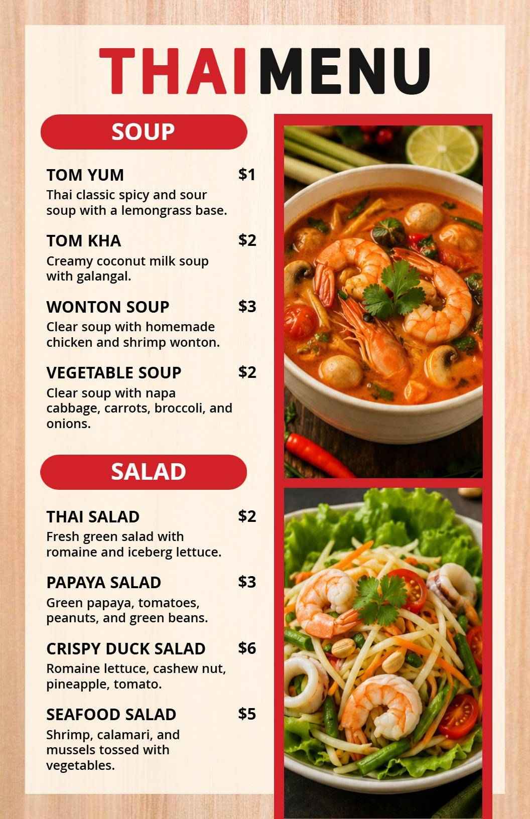 Crispy Duck and Savory Seafood Salad Variety Thai Menu Template
