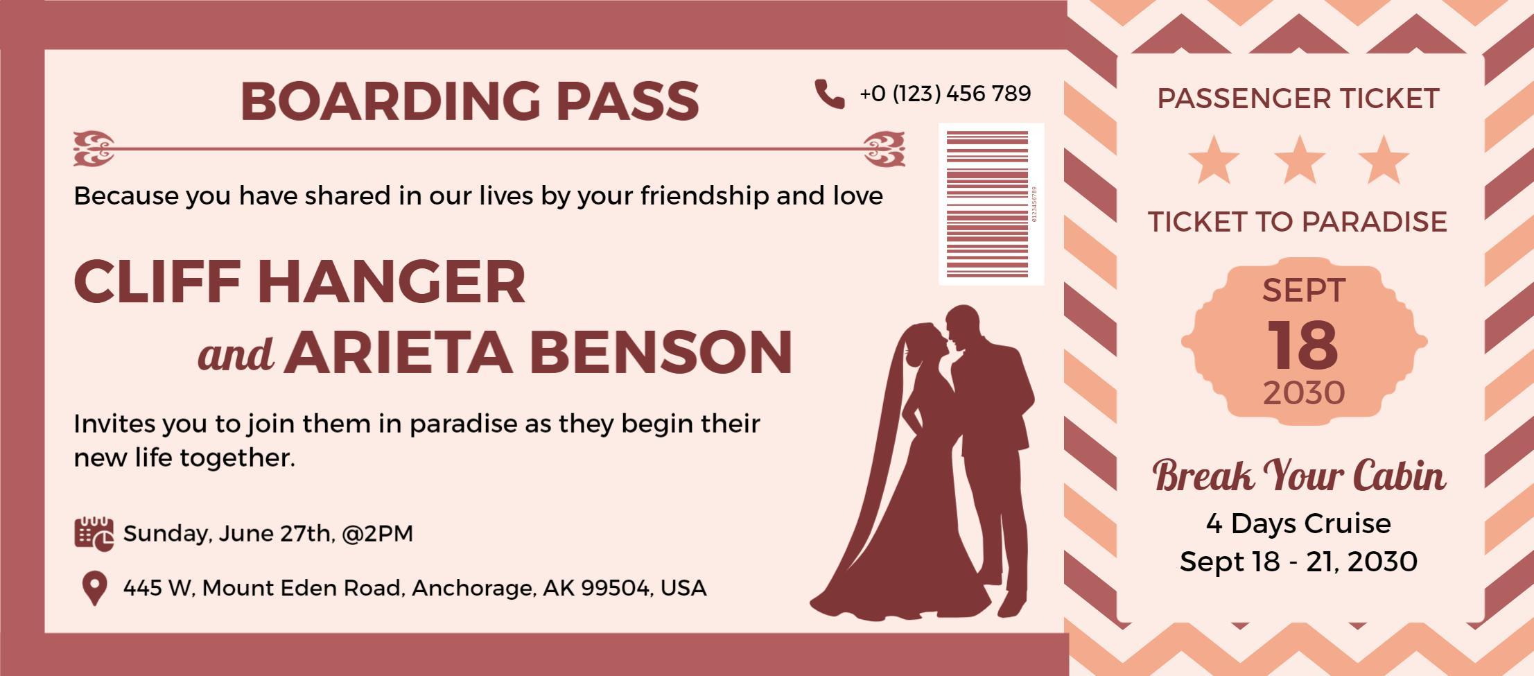 Cruise Wedding Celebration Boarding Pass Invitation Template