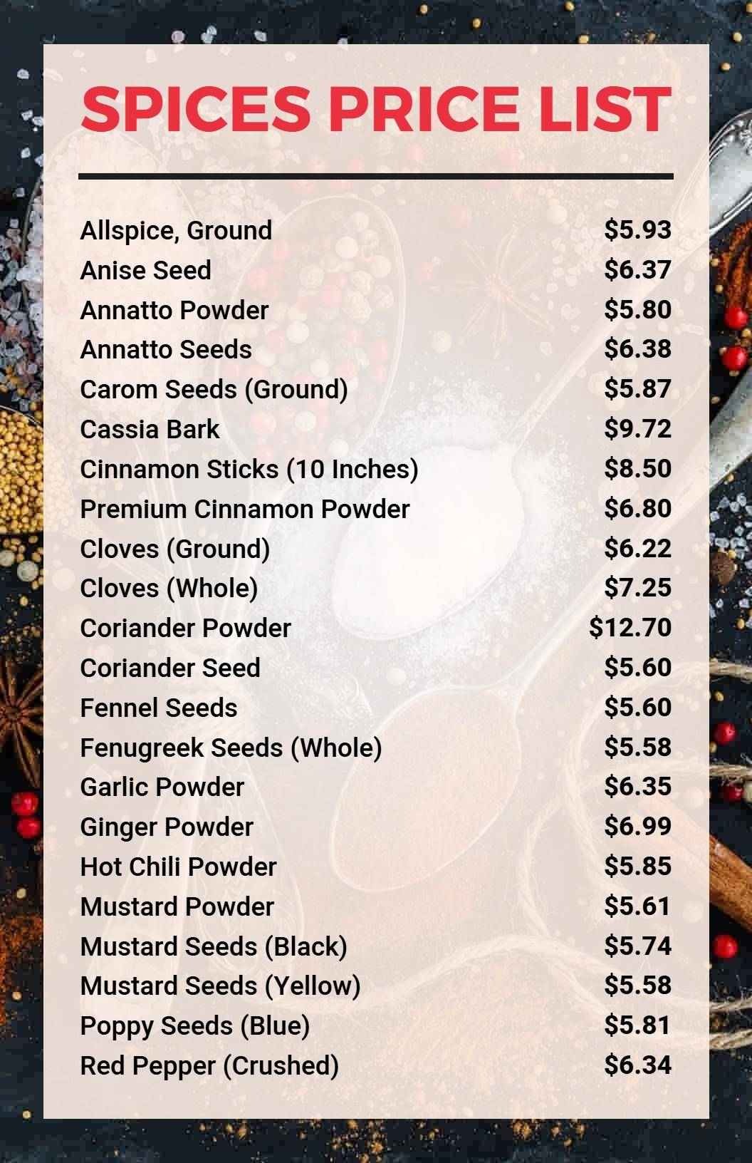 Culinary Black Pepper and Herb Spices Price List Template