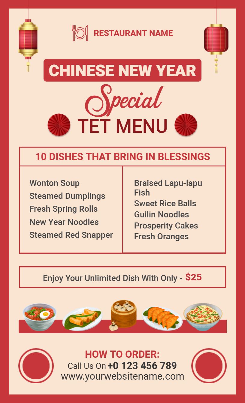 Cultural Red and Gold Chinese New Year Cuisine Menu Template