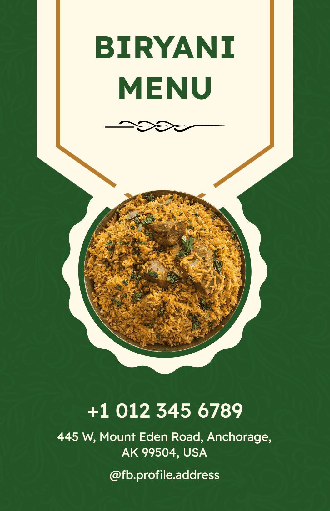 Cultured Green Rich Biryani Varieties Menu Template
