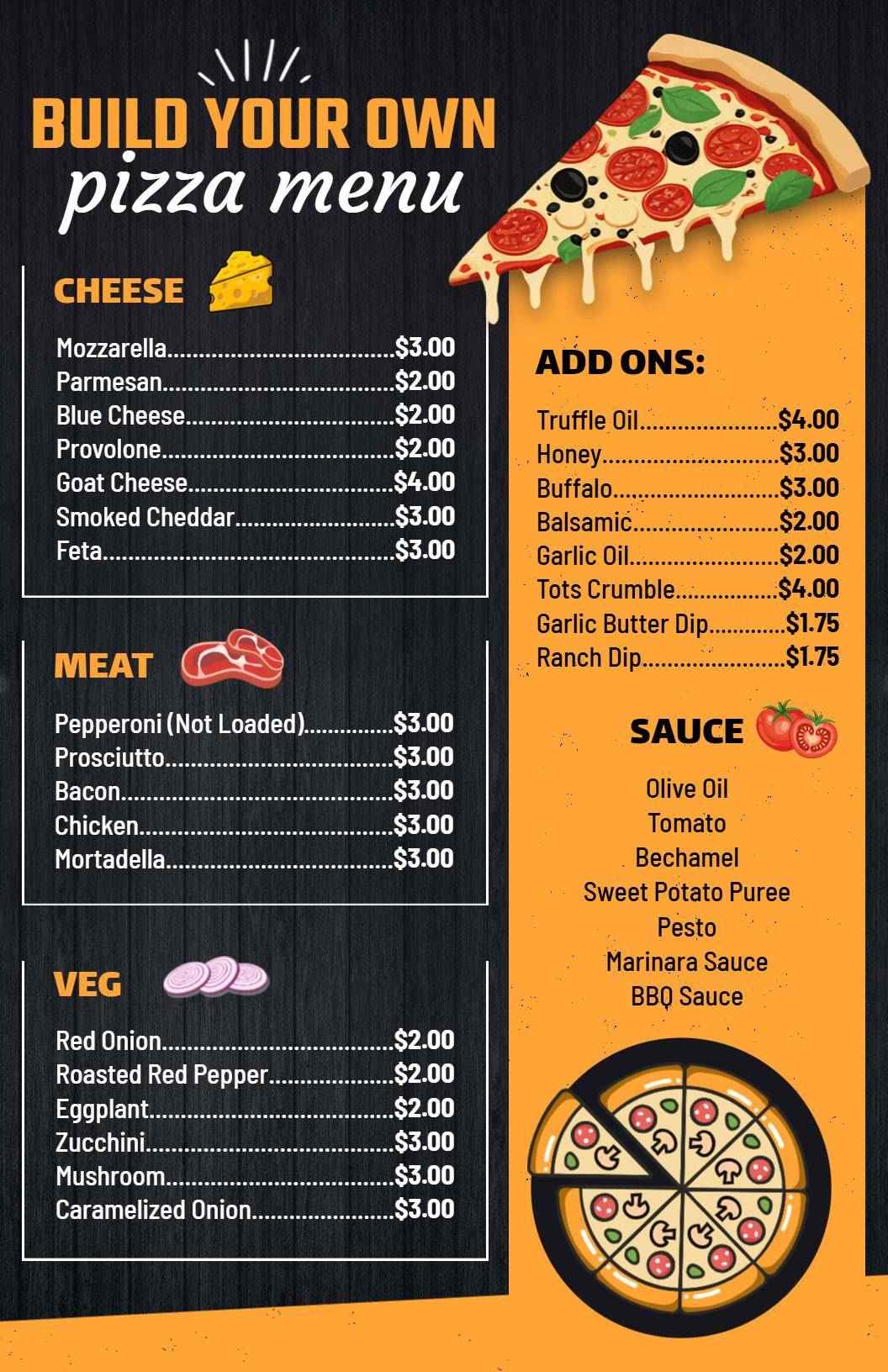 Customizable Toppings and Unique Flavors Pizza Menu Template