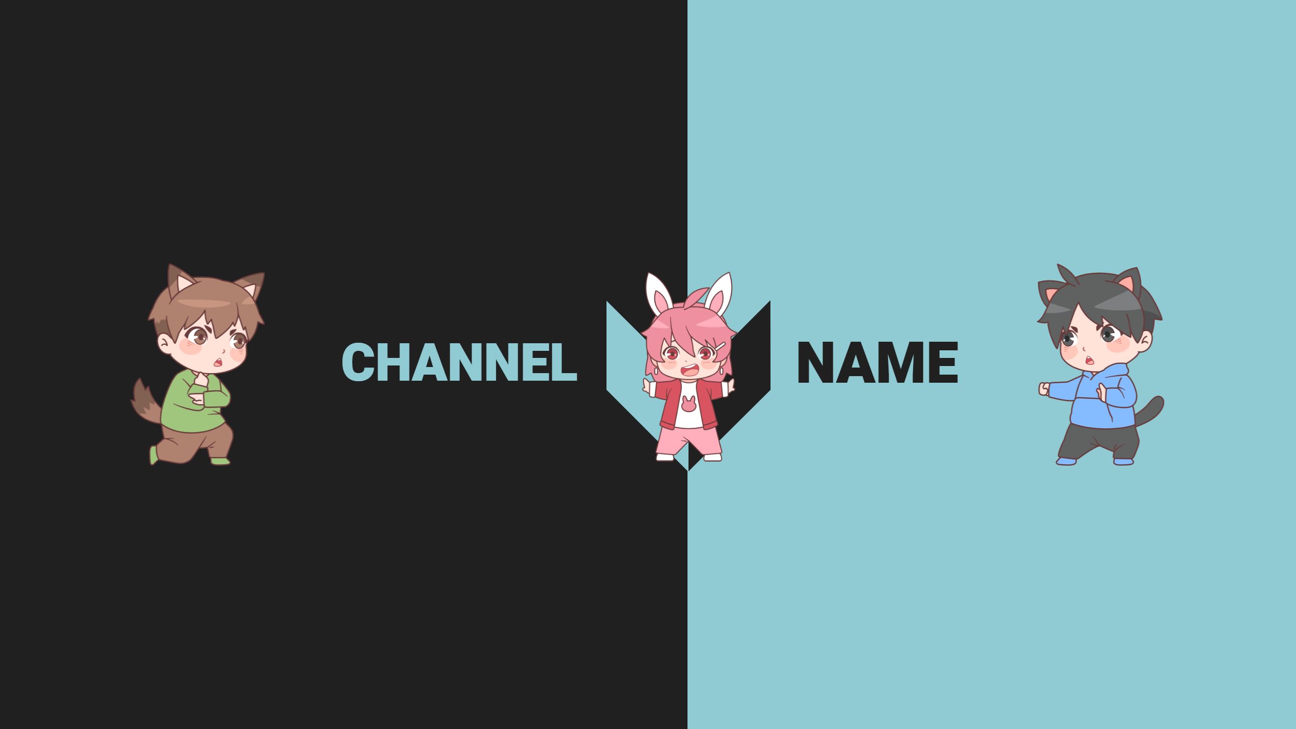 Cute Anime Characters in Black and Aqua YouTube Channel Banner Template