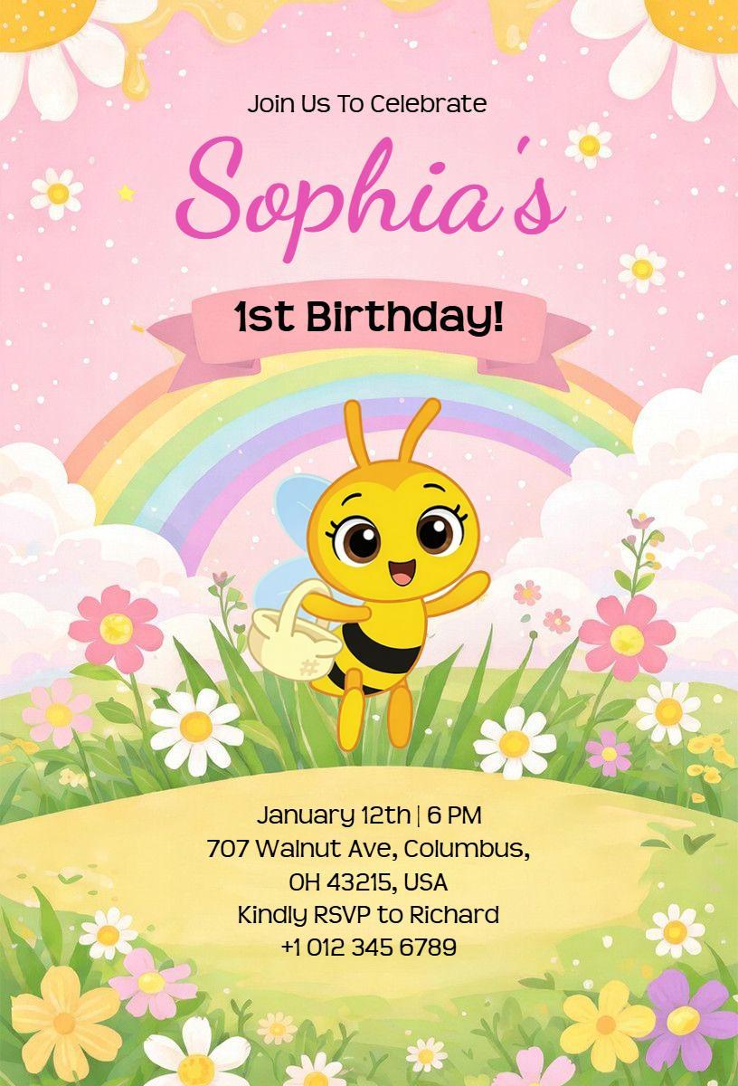Cute Bee-Themed Joyful 1st Birthday Celebration Invitation Template