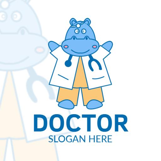 Cute Blue Hippopotamus Character Representing a Doctor Logo Template