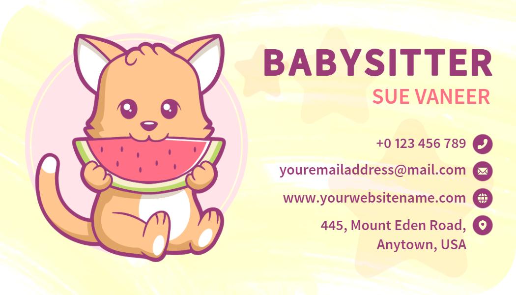 Cute Cartoon Baby Animal Babysitting Business Card Template