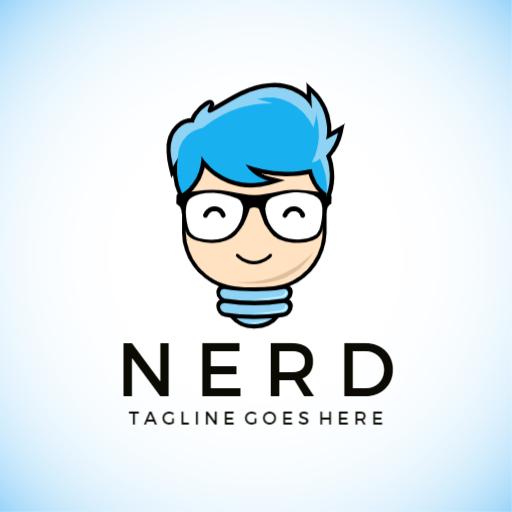 Cute Cartoon Nerd with Blue Hair and Round Glasses Logo Template