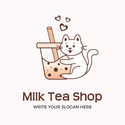 Cute Cat Enjoys Refreshing Milk Tea in Cozy Shop Logo Template
