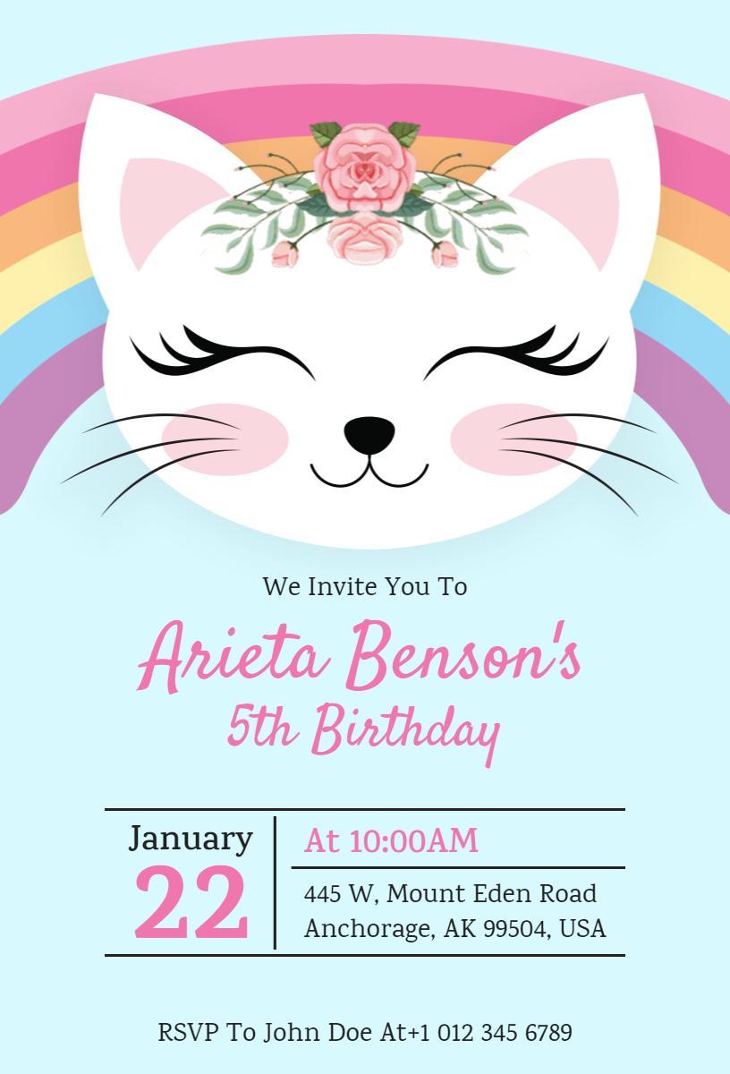 Cute Cat Rainbow 5th Birthday Celebration Invitation Template