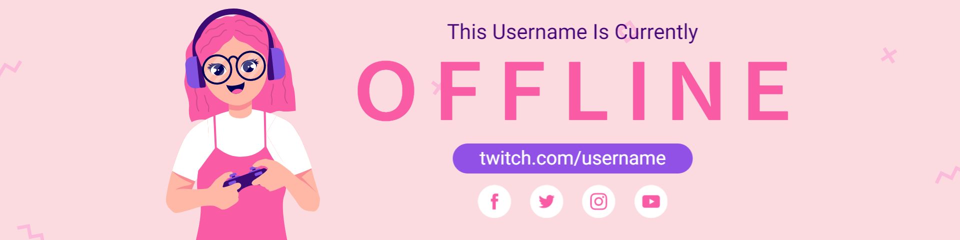 Cute Character with Pink Background Denoting Offline Twitch Banner Template