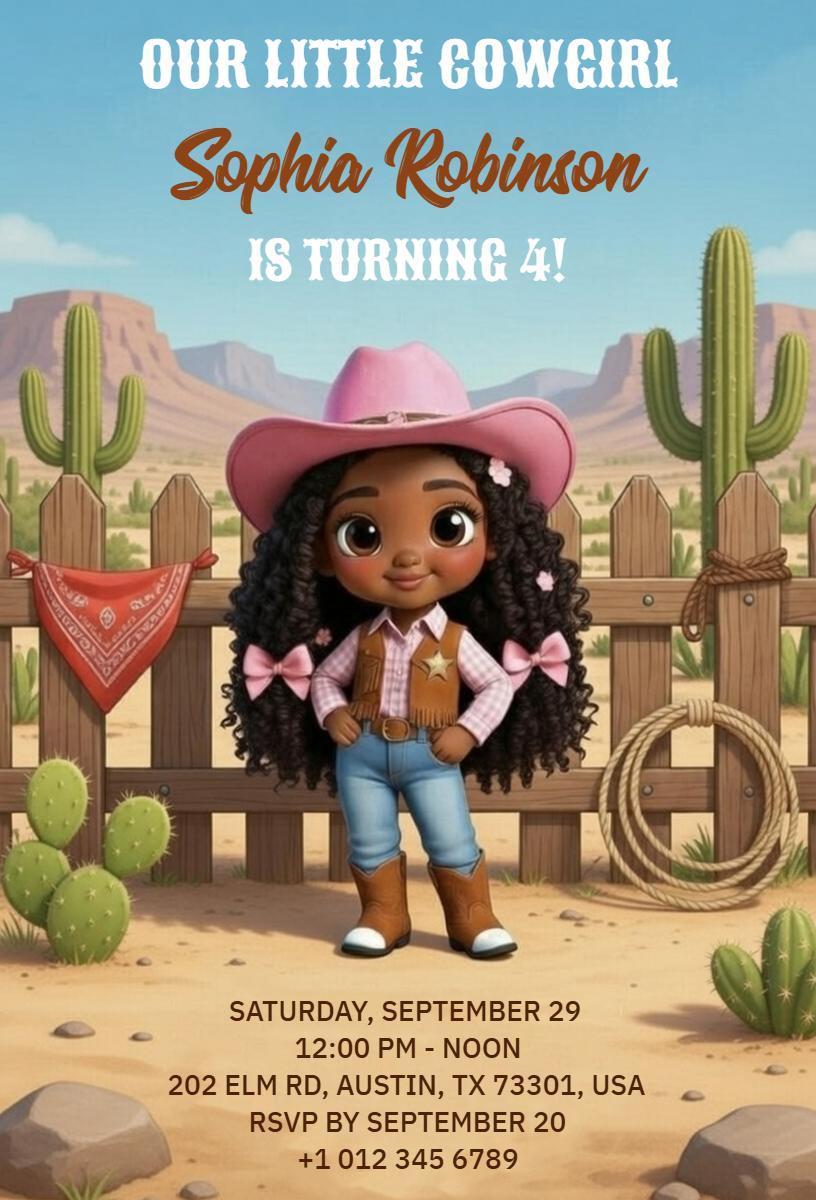 Cute Cowgirl Theme 4th Birthday Celebration Invitation Template