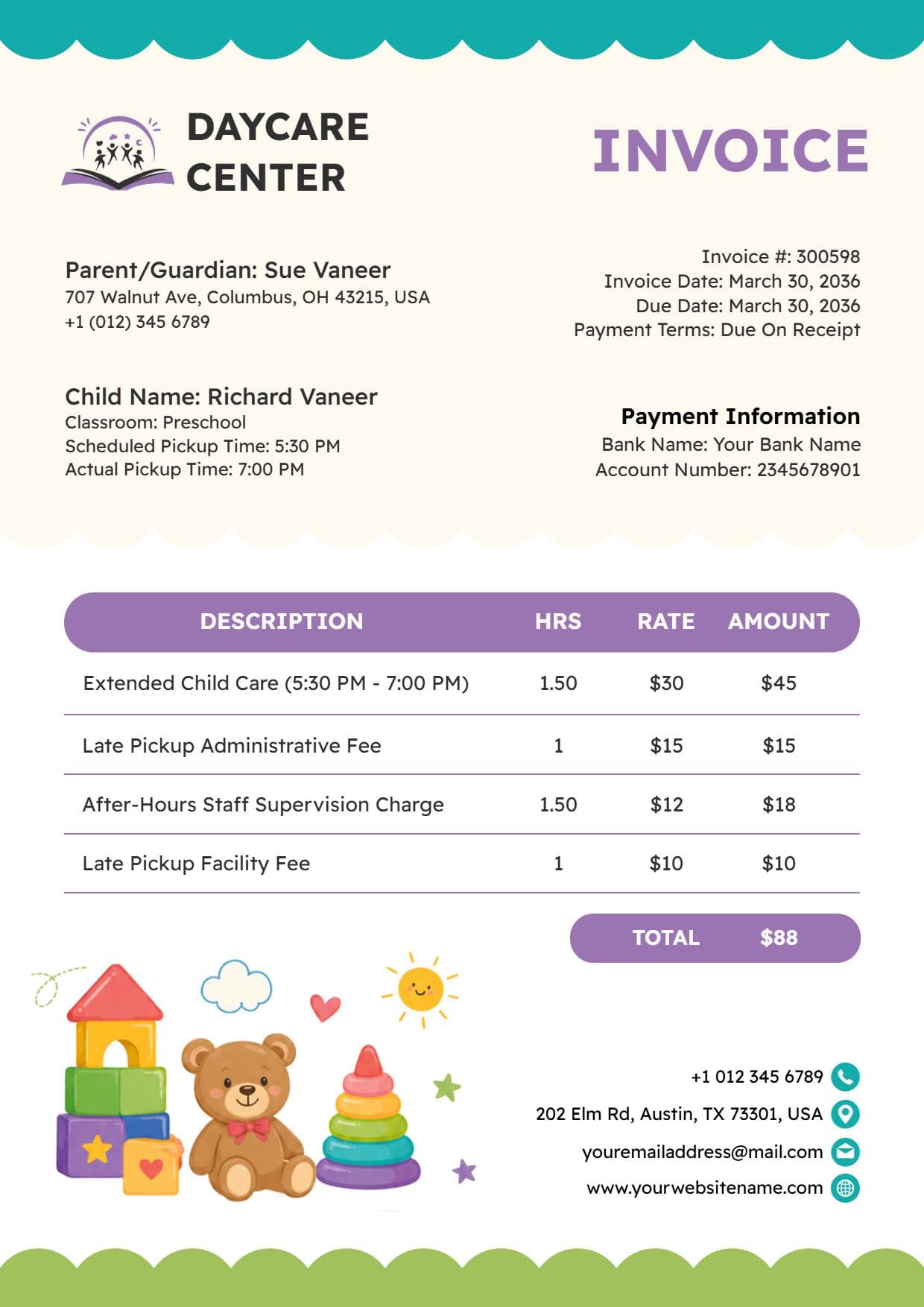 Cute Daycare Service Billing with Pickup Invoice Template