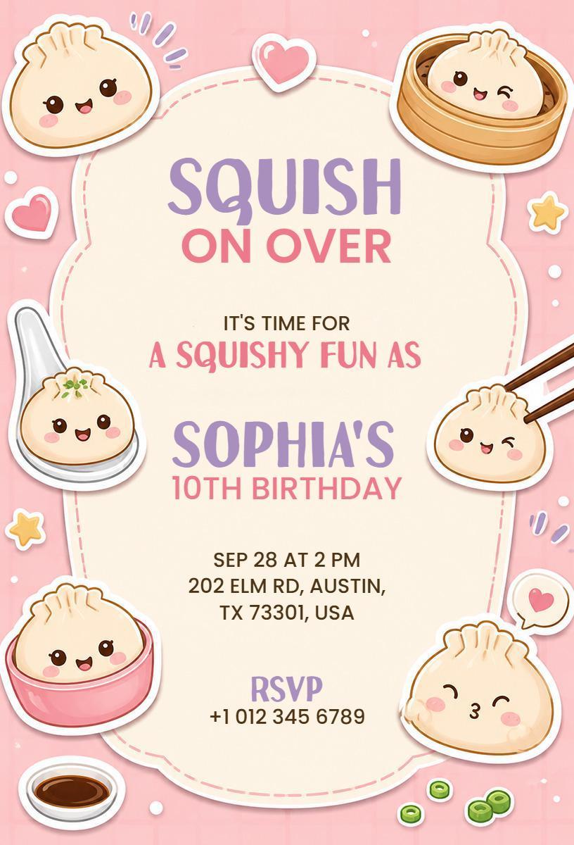 Cute Dumpling Theme 10th Birthday Celebration Invitation Template