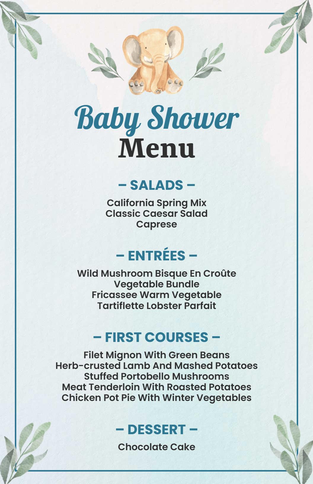 Cute Elephant and Pastel Leaves Baby Shower Menu Template