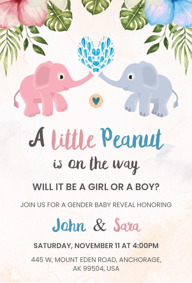 Cute Elephant Themed Gender Reveal Celebration Invitation Template