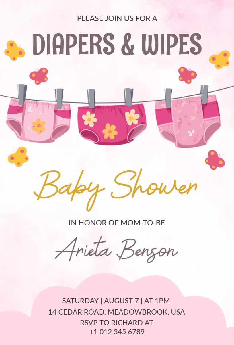 Cute Floral Diapers Wipes Baby Shower Invitation Template