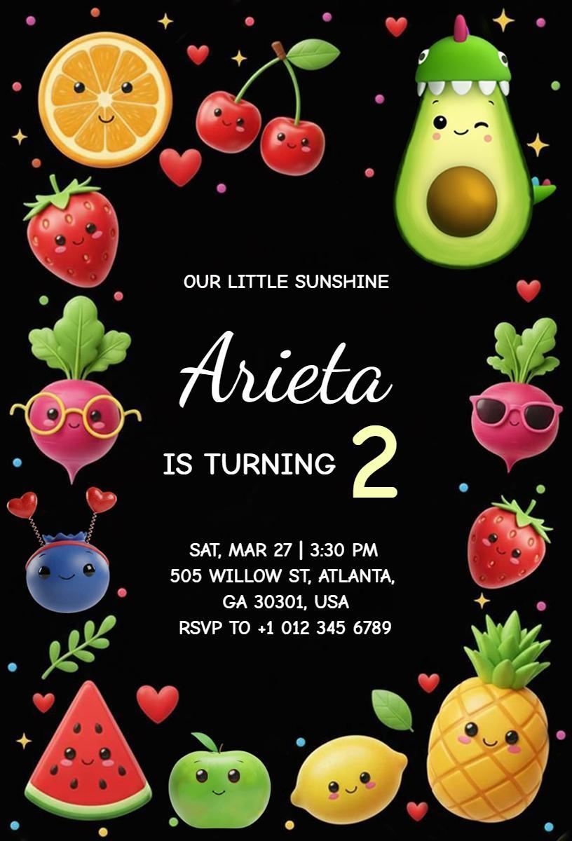 Cute Fruit Theme 2nd Birthday Celebration Invitation Template