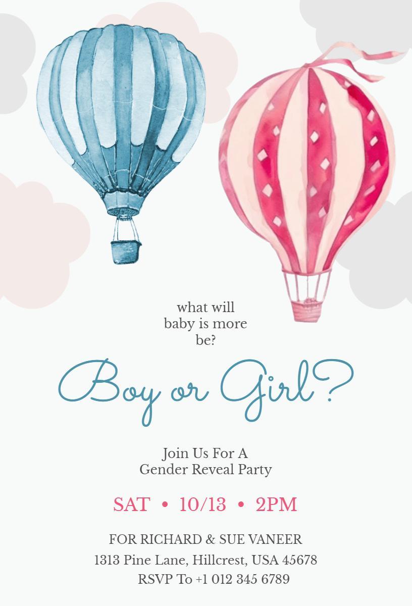 Cute Hot Air Balloon Gender Reveal Celebration Invitation Template