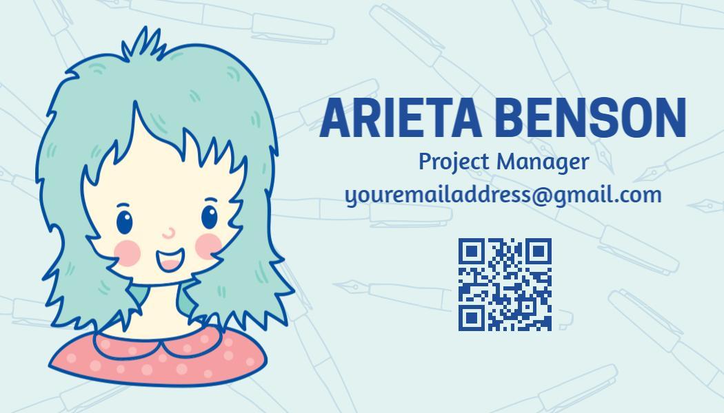 Cute Illustrated Character With QR Code Business Card Template