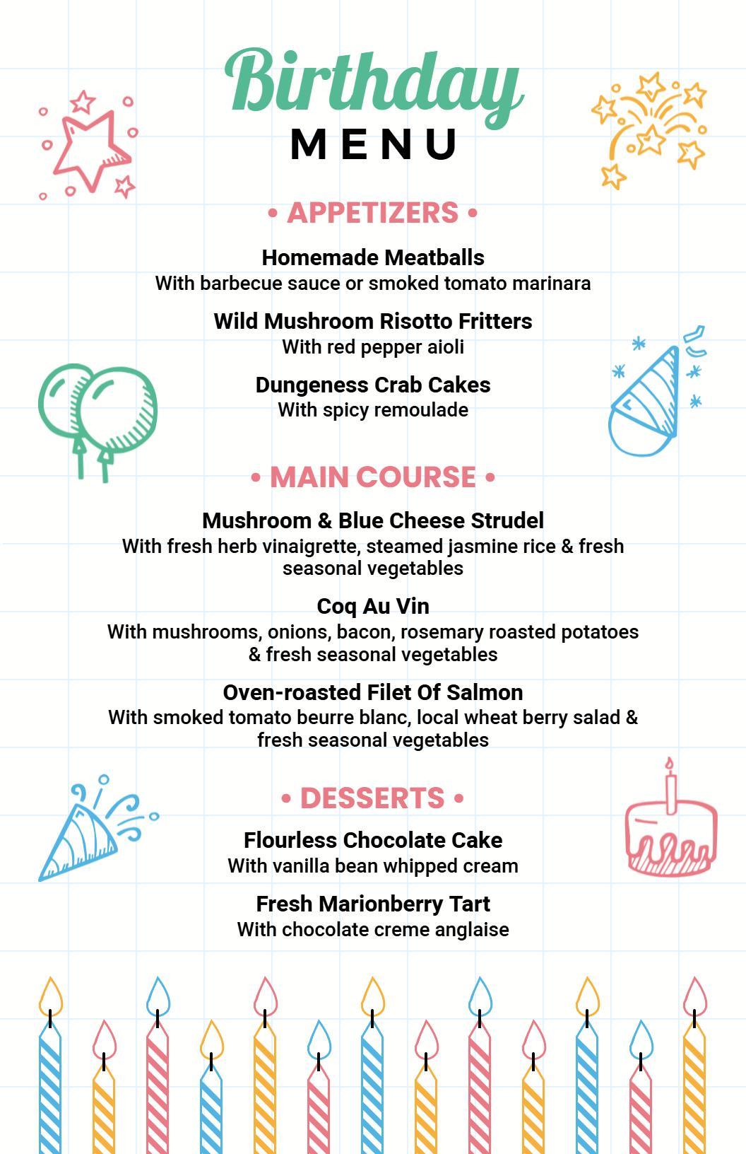 Cute Illustrated Icons for Birthday Party Menu Template
