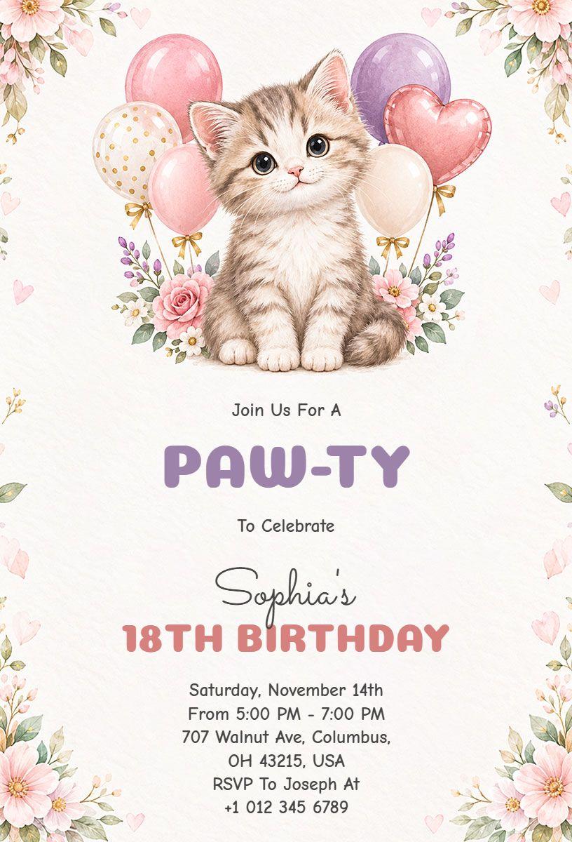 Cute Kitten Themed Birthday Party Invitation Template