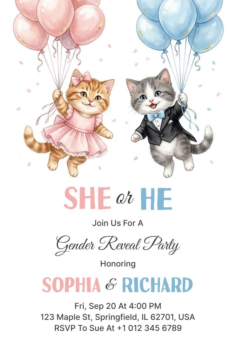 Cute Kittens Theme Gender Reveal Celebration Invitation Template