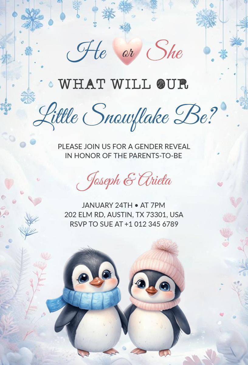 Cute Penguin Winter Gender Reveal Celebration Invitation Template