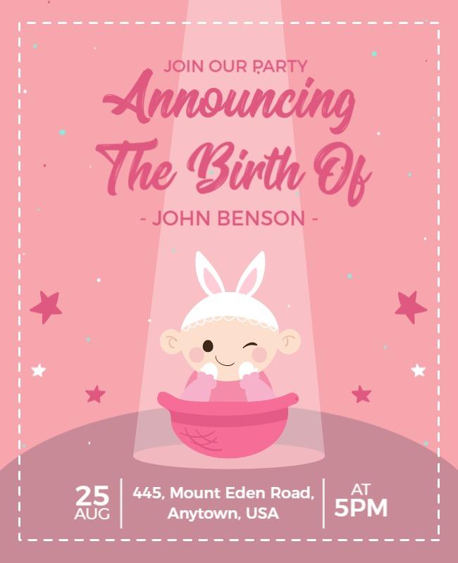 Cute Pink Baby Announcement Birth Party Poster Template