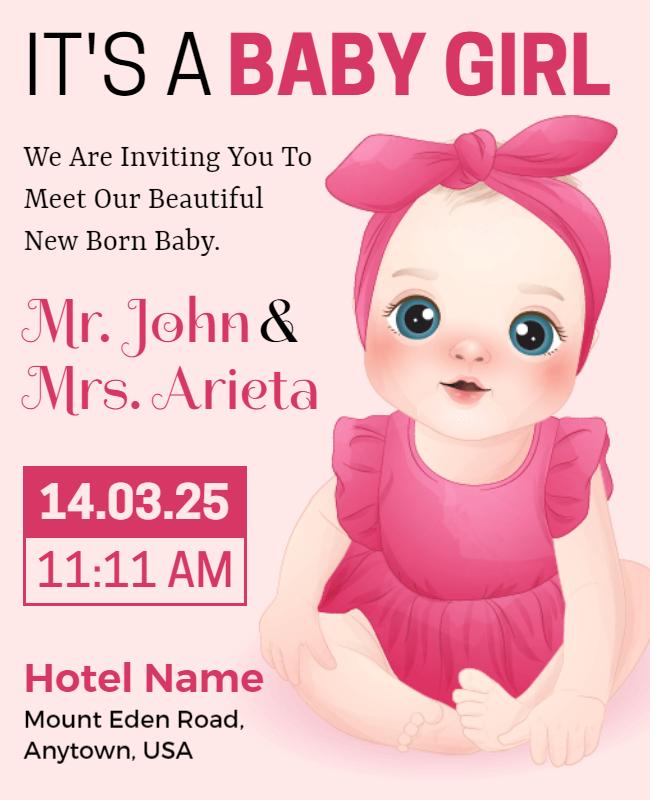 Cute Pink Baby Girl Invitation Announcement Poster Template