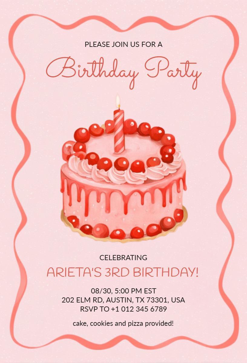 Cute Pink Cake 3rd Birthday Party Celebration Invitation Template