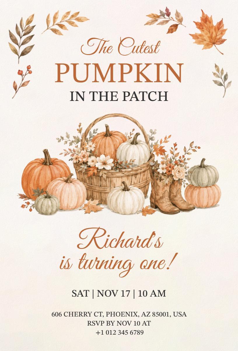 Cute Pumpkin Patch Fall Birthday Celebration Invitation Template