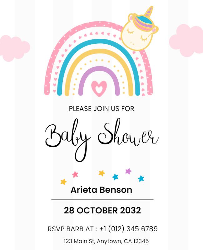 Cute Rainbow Unicorn Baby Shower Flyer Template