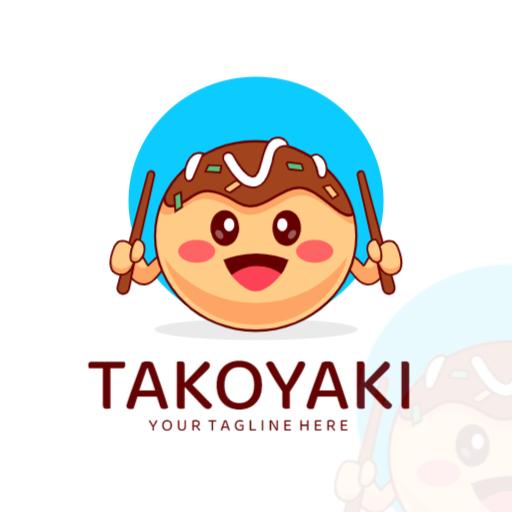 Cute Smiling Takoyaki Character with Bright Blue Background Logo Template