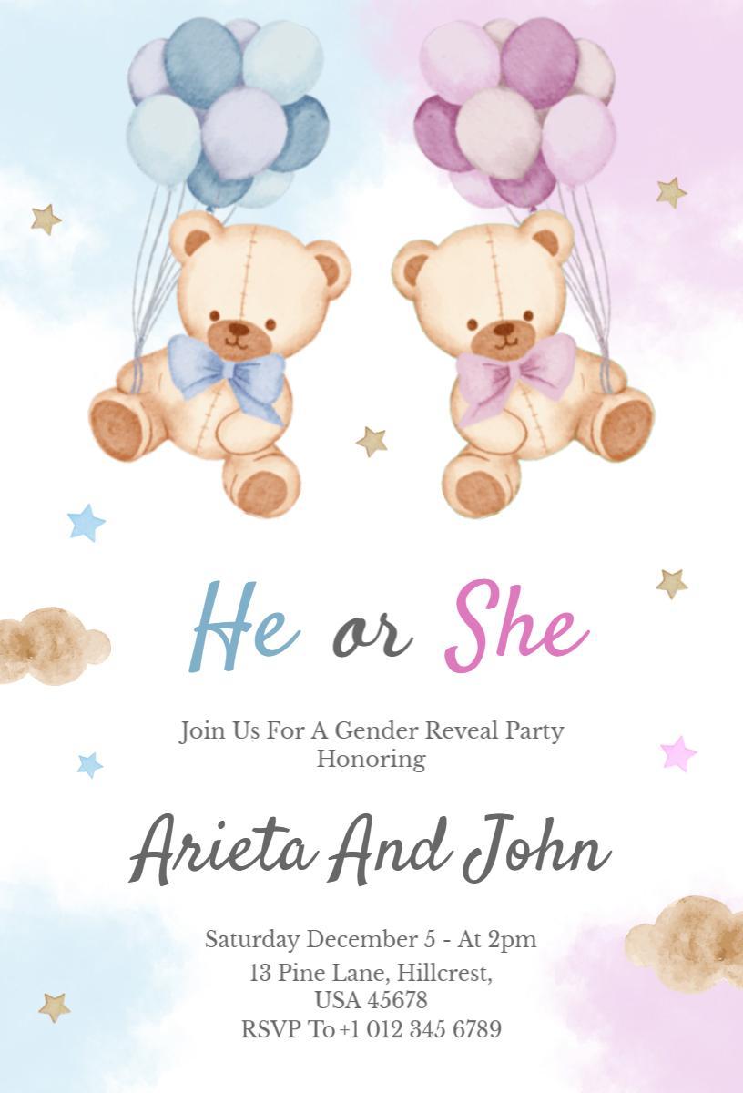 Cute Teddy Bear Gender Reveal Celebration Invitation Template