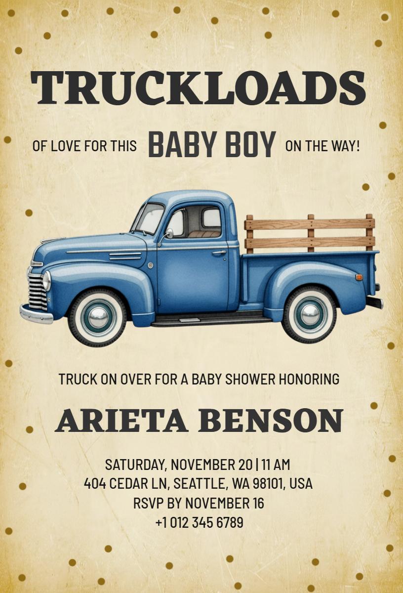 Cute Vintage Truck Baby Boy Shower Celebration Invitation Template