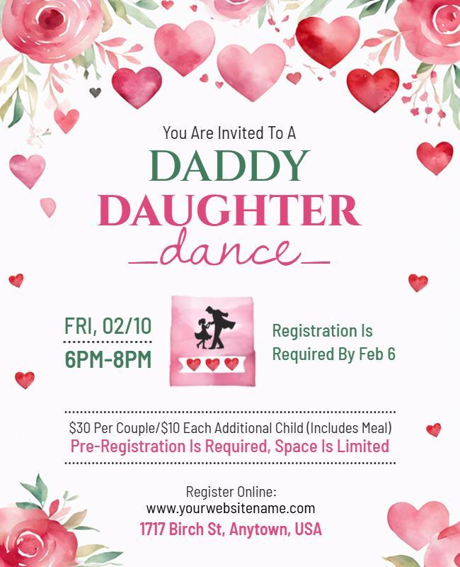 Charming Pink Watercolor Daddy Daughter Dance Flyer Template