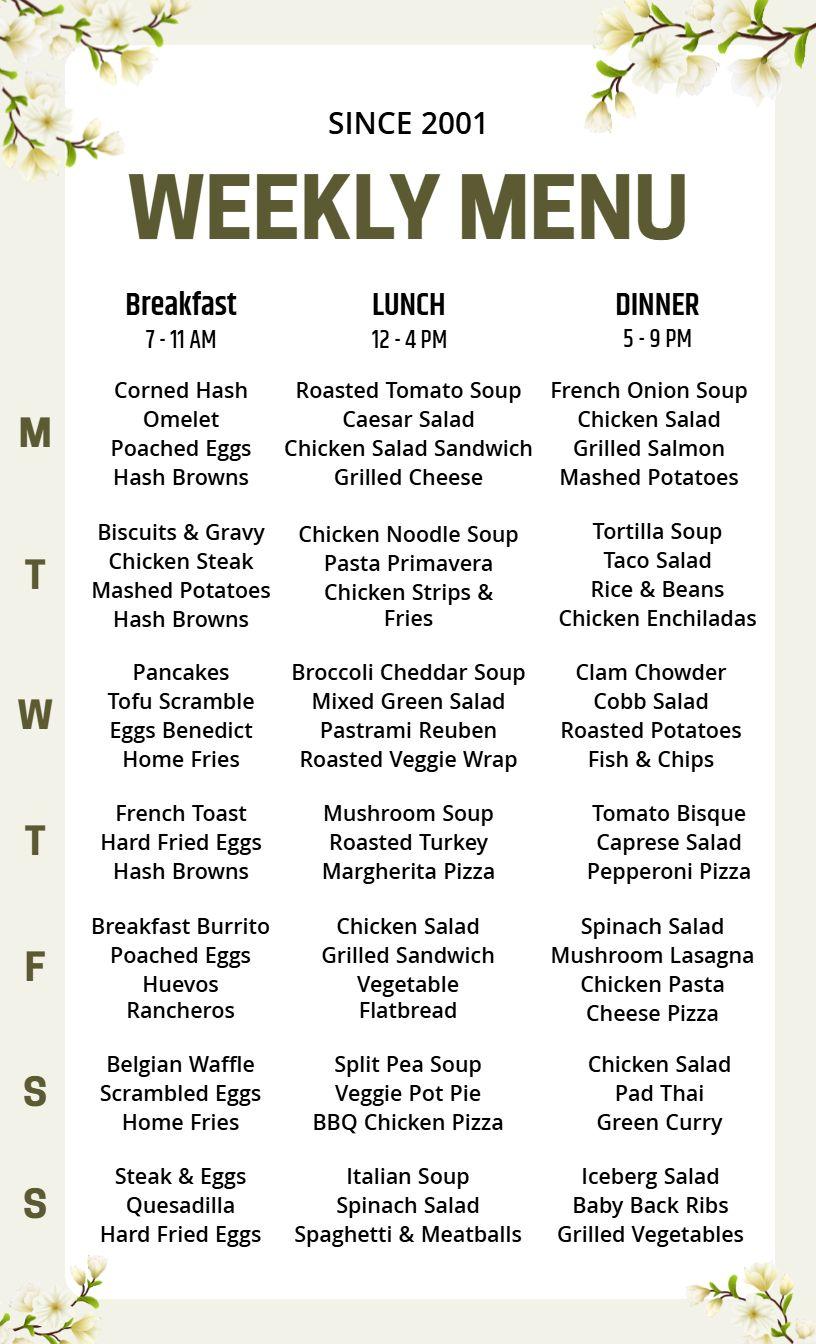 Daily Breakfast Lunch and Dinner Selections Weekly Menu Template