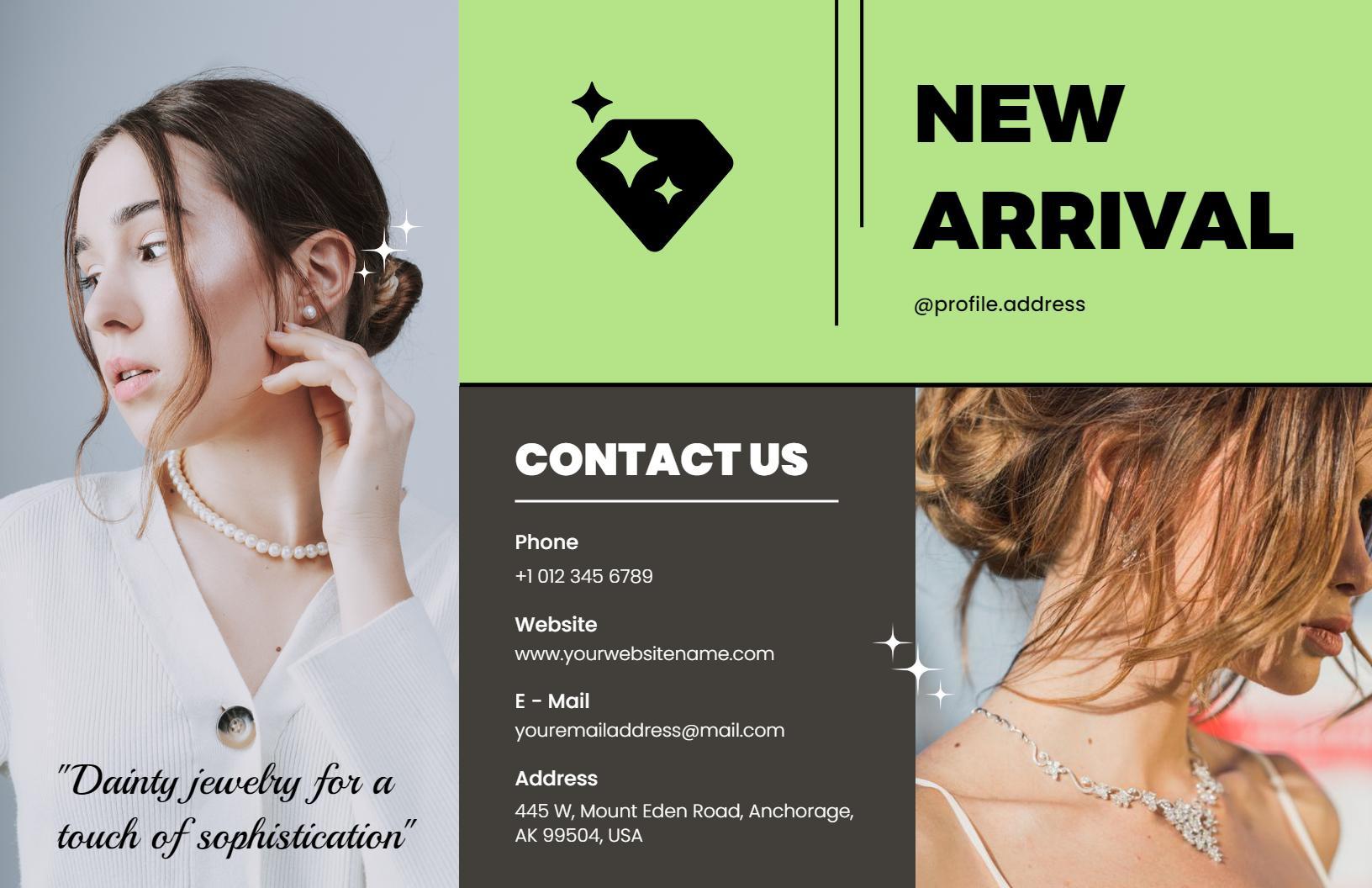 Dainty Green Jewelry Collection and Contact Information Brochure Template