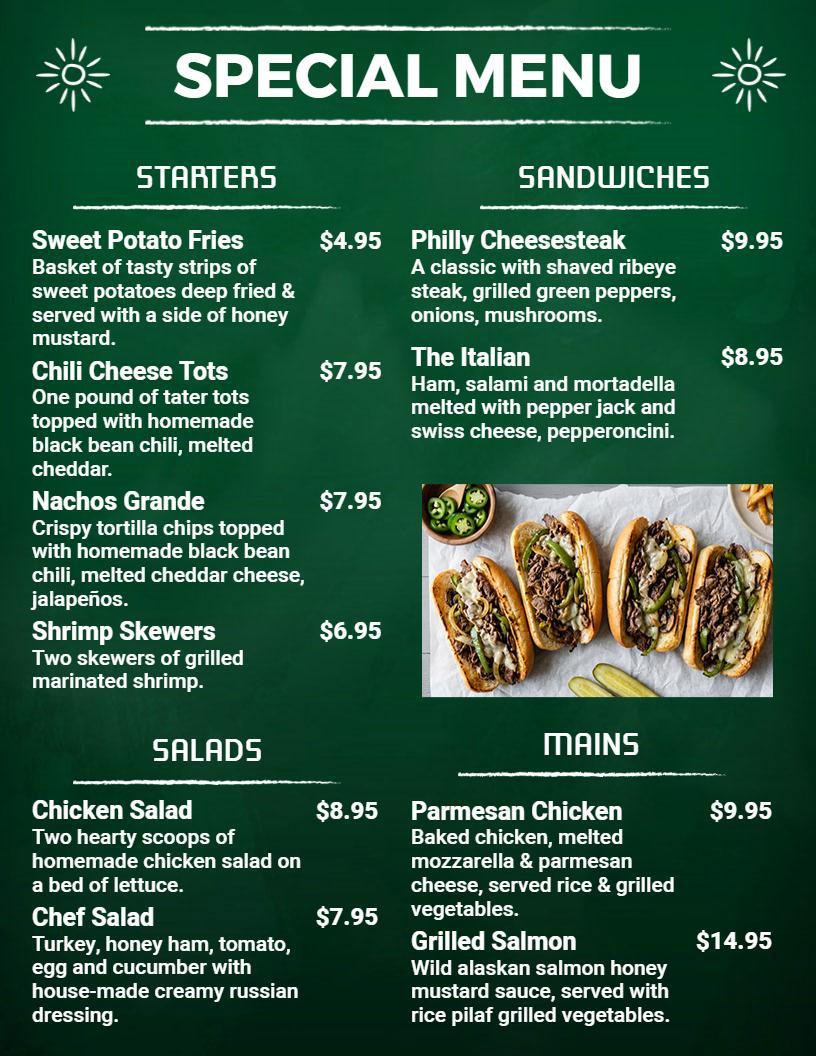 Dark Green Chalkboard Style Restaurant Menu Template