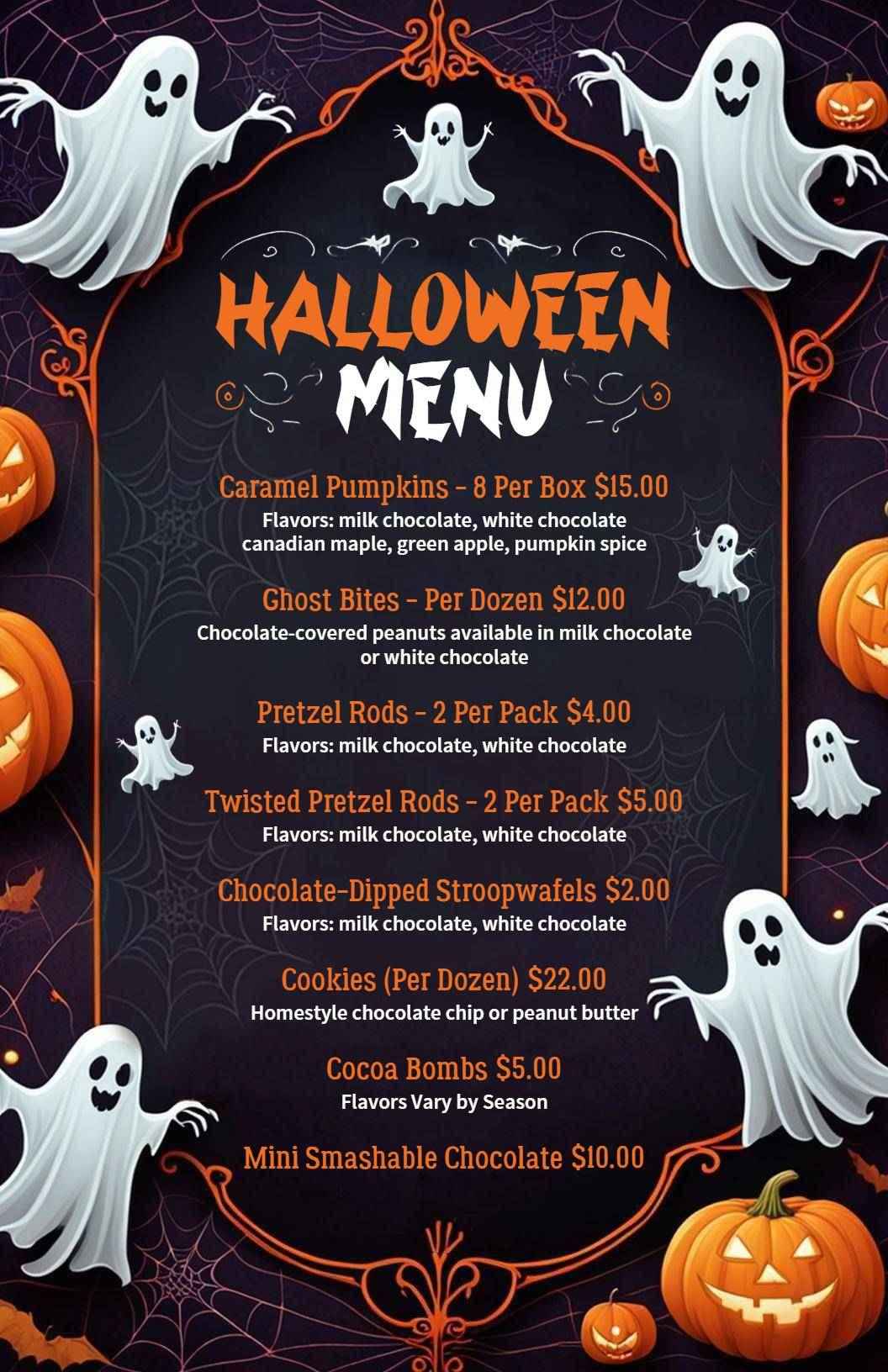 Dark Halloween Ghosts and Pumpkin Theme Party Menu Template