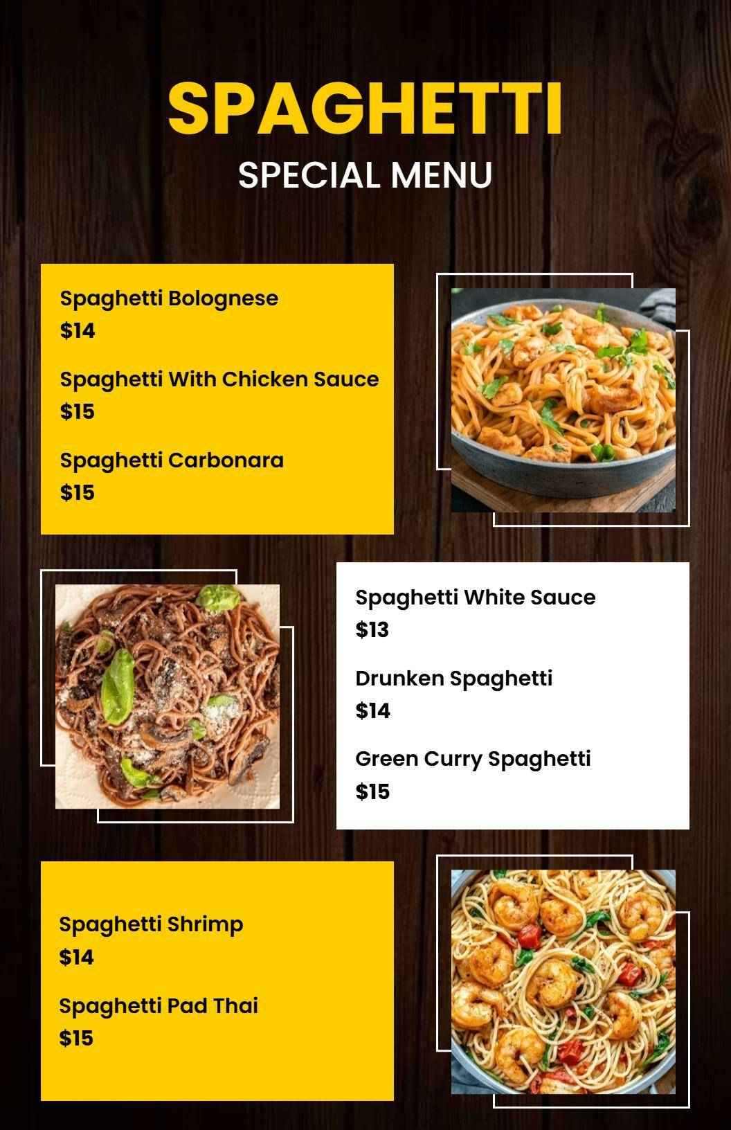 Dark Wood Theme Creative Spaghetti Menu Template